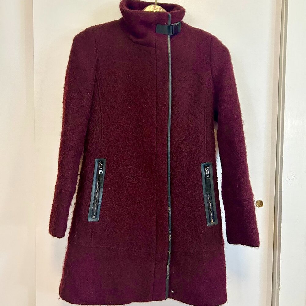 Calvin Klein Burgundy Wool Blend Trench Coat with Metal Buckle Detail Steampunk